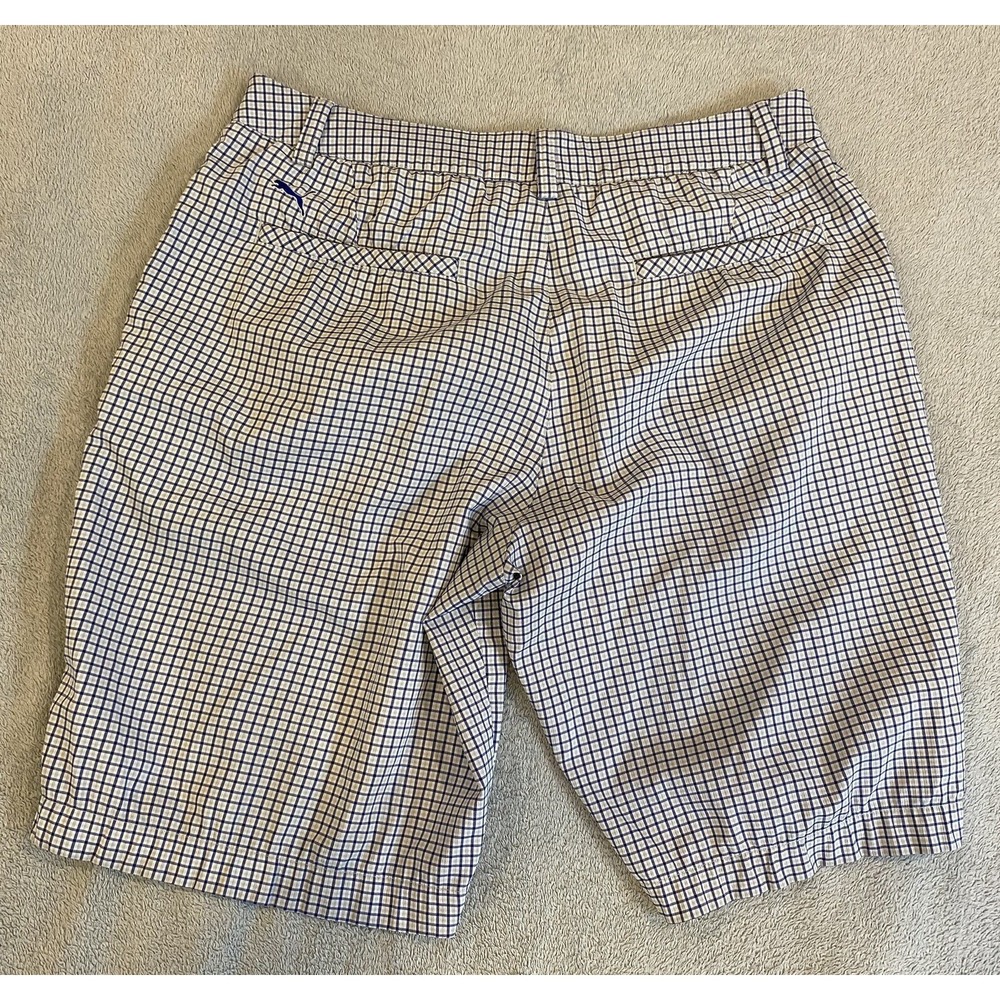 Mens Pima Golf Shorts 34 Plaid Blue Performance Stretch Size Chino Flat Front - Picture 2 of 7